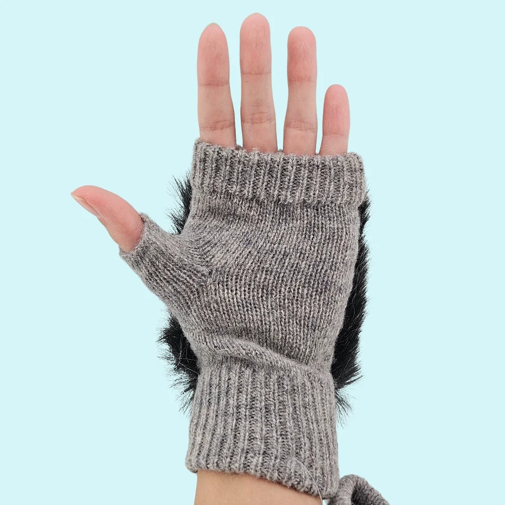 Adrienne Landau Gloves Fingerless Grey Snow Wool Blend Faux Fur Cottagecore Gift